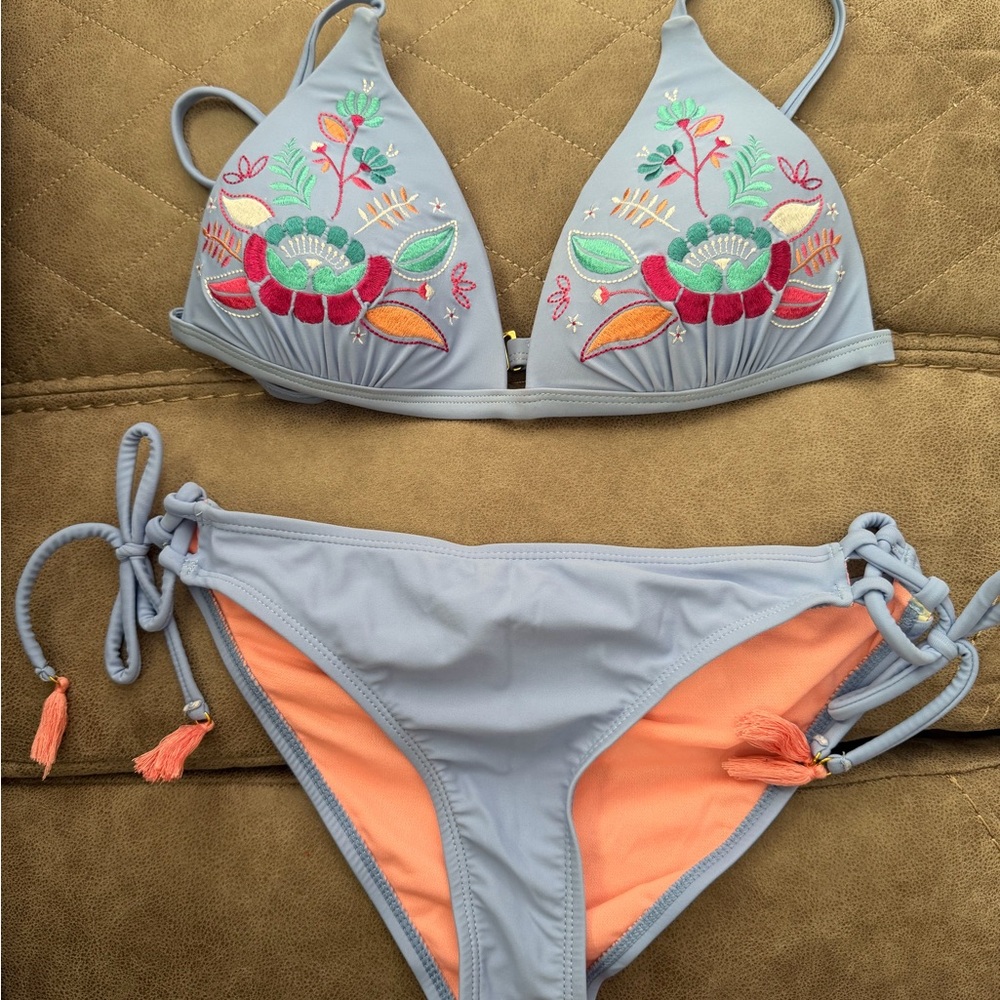 Floral Embroidered Bikini Set in Gray and Orange